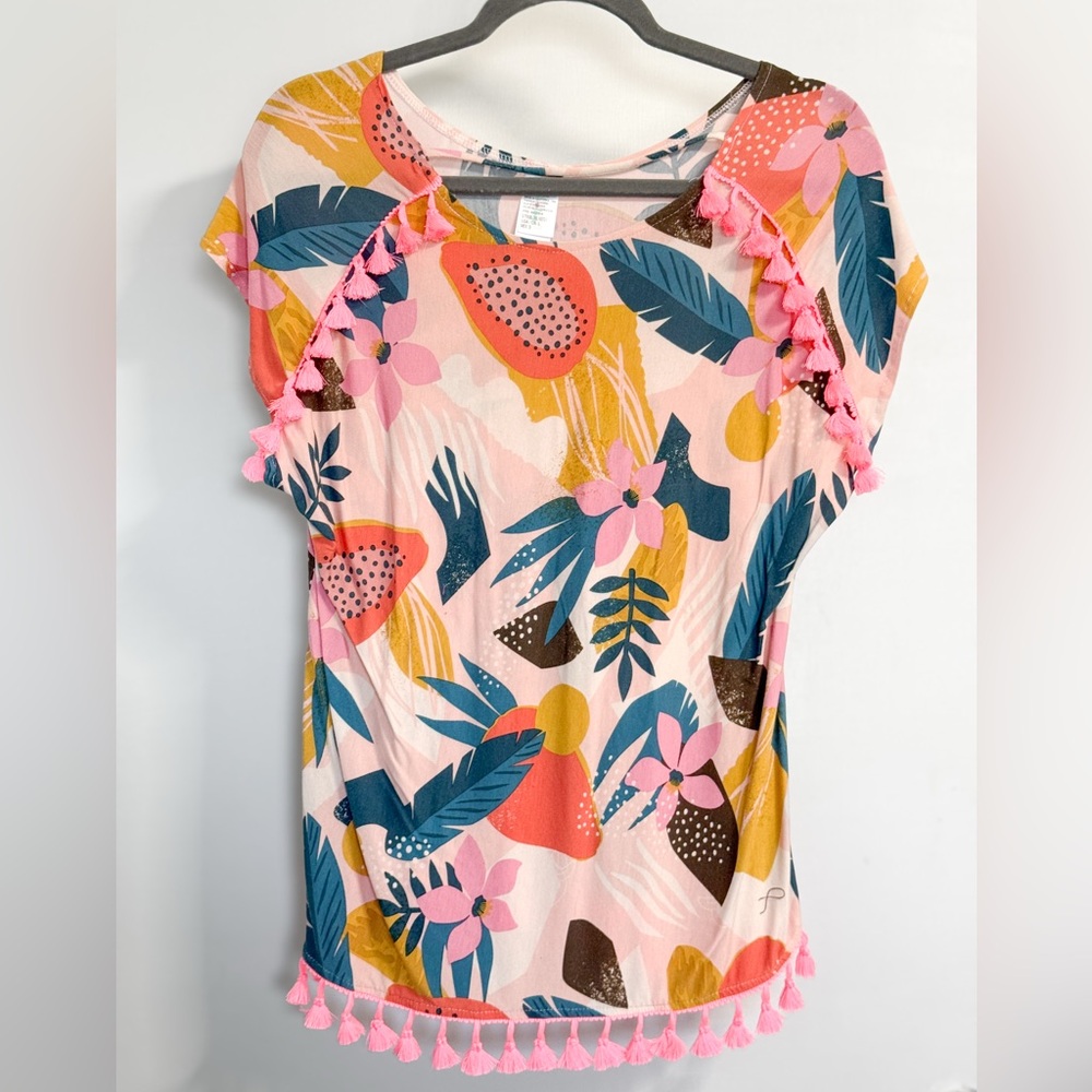 Beach Lingo Tropical Tassel Top L Made USA Lightweight Boho Tee
